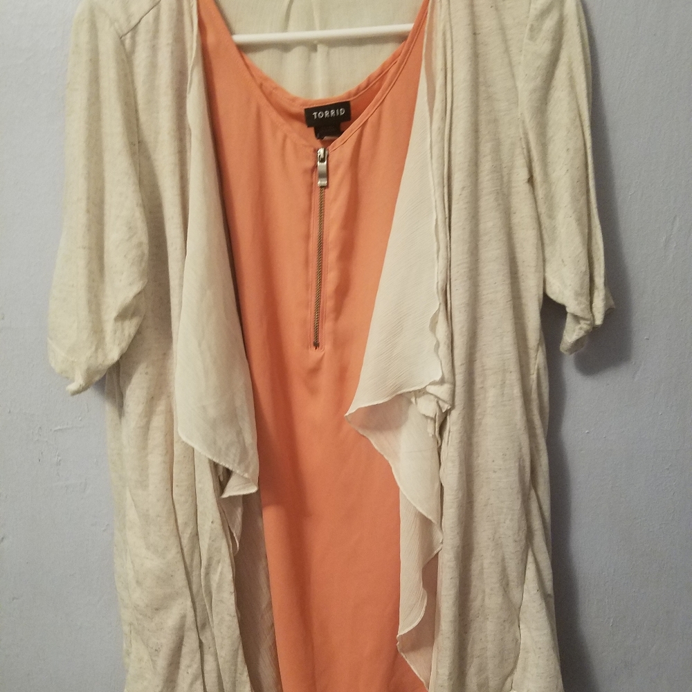 Orange top with tan cardigan
